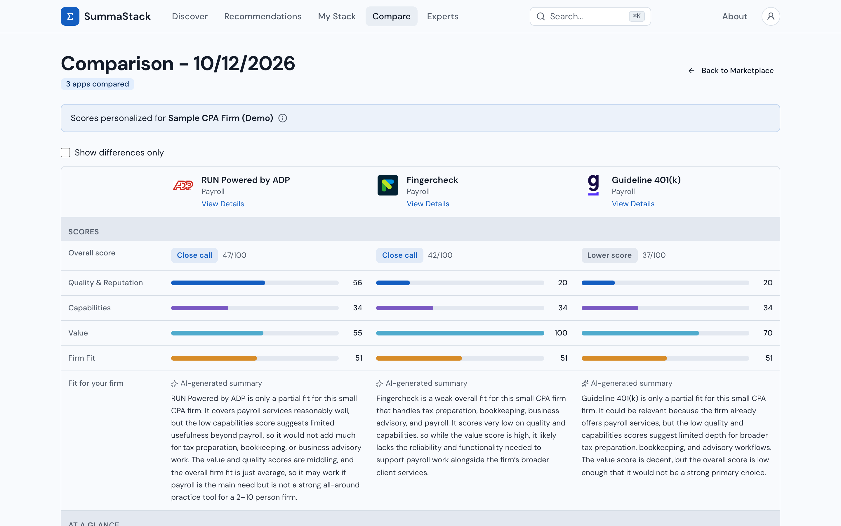 Compare: three payroll apps side by side with scores for the sample firm